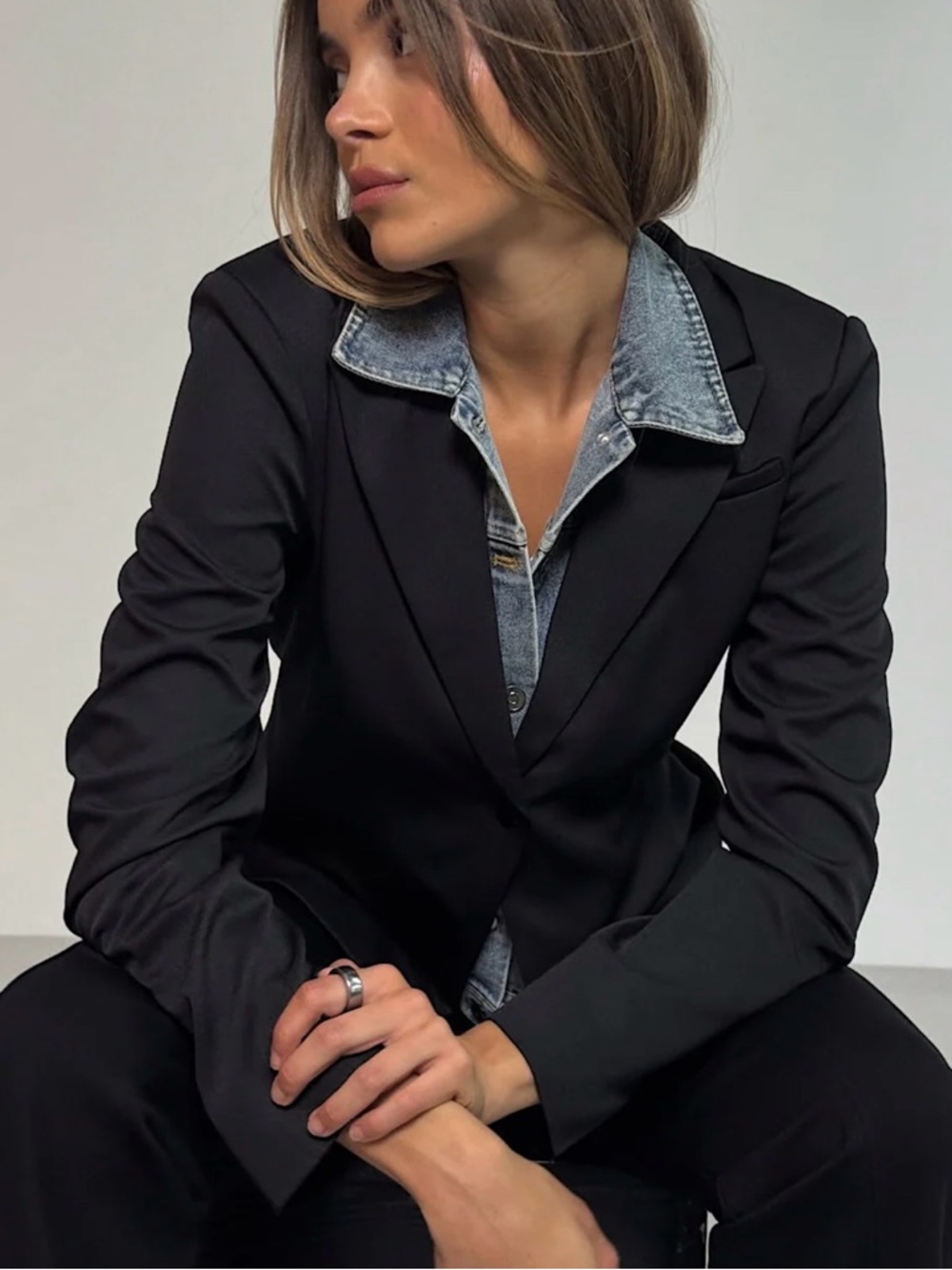 NWT Versatile Black Women's Tailored Blazer, removable Denim Insert 2 looks in 1